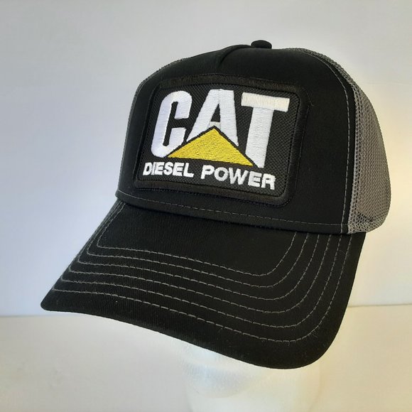 CAT Caterpillar Embroidered Patch Trucker Mesh Snapback Cap Hat Black & Gray - Picture 1 of 4